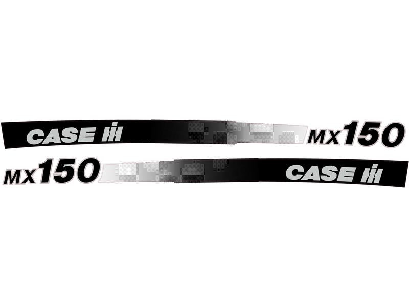 Two black and white decals from the Sparex Decal Set (Part Number: S.152838) with "Case IH" on one end and "MX 150" on the other, encapsulating the legacy of International Harvester.