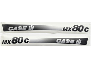 Two white decals with black and gray text displaying "CASE IH MX80C" in a bold, modern font from the Decal Set - Case IH / International Harvester MX80C | Sparex Part Number: S.152841 by Sparex.