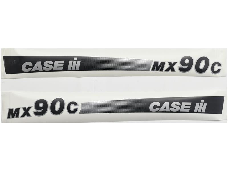 The Decal Set - Case IH / International Harvester MX90C from Sparex (Part Number: S.152842) includes two identical white decals featuring black text with a black gradient design, each reading "CASE IH MX90C.