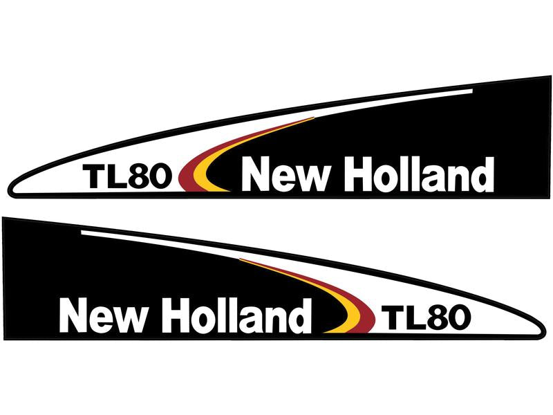 Introducing the Sparex Decal Set for Ford/New Holland TL80, featuring a sleek design with black backgrounds and white and yellow accents, prominently displaying the text "New Holland" and "TL80 Ford" on each decal. Available under Sparex Part Number S.152882.