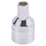 The Draper Elora Hexagon Socket, 1/2" Sq. Dr., 7mm - 771-LM 7, crafted from shiny chrome vanadium steel, features a hexagonal opening and is designed for use with a wrench or ratchet, offering excellent corrosion protection.