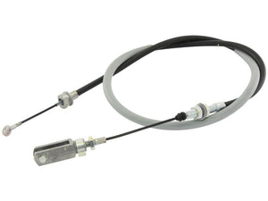 The Sparex PTO Clutch Cable (Part Number: S.152984) is 1688mm long with an outer cable length of 1380mm, featuring metal and plastic components, a looped end, and an adjustable threaded fitting. It has a black outer sheath with a gray protective covering.