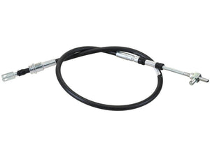 A black coiled throttle cable with metal connectors at both ends, ideal for automotive or machinery applications, featuring an adjustable outer cable length of 945mm for flexible installation. Perfect for Sparex parts or repairs requiring precise cable end adjustments. This is the PTO Cable by Sparex, part number S.152987, with a total length of 1215mm.