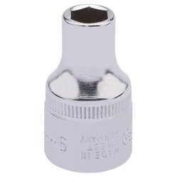 The Draper Elora Hexagon Socket, 1/2" Sq. Dr., 9mm - 771-LM 9, features a metal socket wrench head made from chrome vanadium steel with a shiny silver finish and engraved text. This high-quality material ensures corrosion protection and reliability, complying with DIN3122 standards.