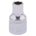 The Draper Elora Hexagon Socket, 1/2" Sq. Dr., 9mm - 771-LM 9, features a metal socket wrench head made from chrome vanadium steel with a shiny silver finish and engraved text. This high-quality material ensures corrosion protection and reliability, complying with DIN3122 standards.