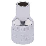 The Draper Elora Hexagon Socket, 1/2" Sq. Dr., 9mm - 771-LM 9, features a metal socket wrench head made from chrome vanadium steel with a shiny silver finish and engraved text. This high-quality material ensures corrosion protection and reliability, complying with DIN3122 standards.