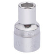 The Draper Elora Hexagon Socket, 1/2" Sq. Dr., 10mm - 771-LM 10 is a chrome hexagonal socket adapter crafted from chrome vanadium steel. It's designed for use with a ratchet or wrench to drive fasteners and features a knurled grip for better handling and corrosion protection. This high-quality tool meets DIN3122 and ISO3315 standards.