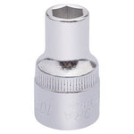 The Draper Elora Hexagon Socket, 1/2" Sq. Dr., 10mm - 771-LM 10 is a chrome hexagonal socket adapter crafted from chrome vanadium steel. It's designed for use with a ratchet or wrench to drive fasteners and features a knurled grip for better handling and corrosion protection. This high-quality tool meets DIN3122 and ISO3315 standards.