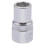 The Draper Elora Hexagon Socket, 1/2" Sq. Dr., 13mm - 771-LM 13 is a shiny, metallic socket wrench attachment made from chrome vanadium steel. It features a hexagonal opening at the top and has the number "13" engraved on its body. Built to meet DIN3122 and ISO3315 specifications, it provides superior corrosion protection for lasting durability.