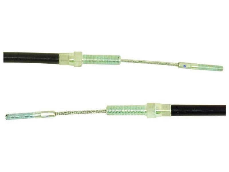 Close-up of two black and silver flexible control cables with threaded metal ends, specifically designed for mechanical applications. One cable has an outer length of 820 mm, while the other extends to 1160 mm. These are perfect for projects requiring precise control adjustments and come complete with Sparex Cable end fittings. The product is known as the Foot Throttle Cable, and can be identified by its Sparex Part Number: S.153033.