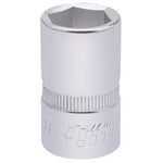 Draper's Elora Hexagon Socket, 1/2" Sq. Dr., 16mm - 771-LM 16 is a chrome vanadium steel tool attachment with a shiny finish and engraved text on the side, built to DIN3122 and ISO3315 specifications.