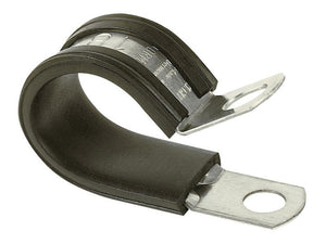 The Sparex Rubber Lined Clamp (Part Number: S.153158) is a robust Ø50mm galvanised steel P-clip with a rubber lining and two mounting holes. Designed for securely fastening cables, hoses, or pipes in place, it accommodates bolt size M5 for easy installation.