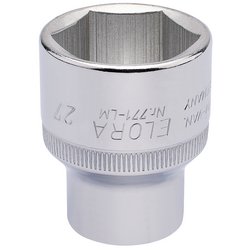 The Draper Elora Hexagon Socket, 1/2" Sq. Dr., 27mm - 771-LM 27 features a hexagonal head and grip markings. This socket, labeled with the "Draper" brand, is made from durable chrome vanadium steel for exceptional strength and corrosion protection.