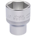 The Draper Elora Hexagon Socket, 1/2" Sq. Dr., 27mm - 771-LM 27 features a hexagonal head and grip markings. This socket, labeled with the "Draper" brand, is made from durable chrome vanadium steel for exceptional strength and corrosion protection.