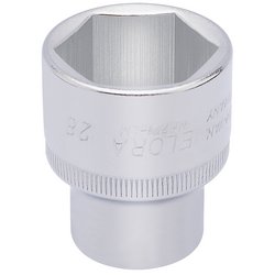 A close-up view of the Draper Elora Hexagon Socket, 1/2" Sq. Dr., 28mm - 771-LM 28, showcases its shiny, metallic finish. This tool, made from chrome vanadium steel, is designed for turning nuts and bolts and features etched markings on its surface for added corrosion protection.