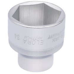 The Draper Elora Hexagon Socket, 1/2" Sq. Dr., 34mm - 771-LM 34 is a six-point socket crafted from chrome vanadium steel, featuring engraved text indicating its size and manufacturer, and offering excellent corrosion protection.