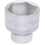 The Draper Elora Hexagon Socket, 1/2" Sq. Dr., 34mm - 771-LM 34 is a six-point socket crafted from chrome vanadium steel, featuring engraved text indicating its size and manufacturer, and offering excellent corrosion protection.