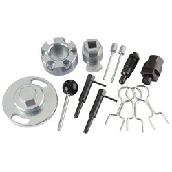 The Draper Engine Timing Kit ETK111, designed for Audi, Porsche, and Volkswagen vehicles, includes a hub puller, various bolts and screws, two hook-shaped wire tools, and several metallic components arranged on a white background.