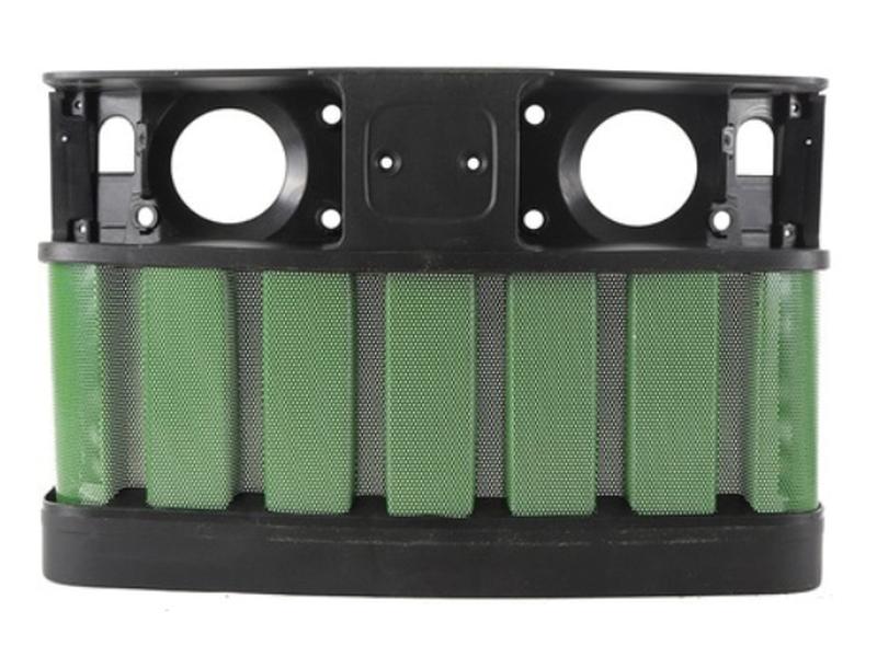 Image of a Sparex air filter with multiple cylindrical filter elements and mounting holes on a black frame, branded as the Front Grille (Sparex Part No. S.153439) and ideal for John Deere equipment.