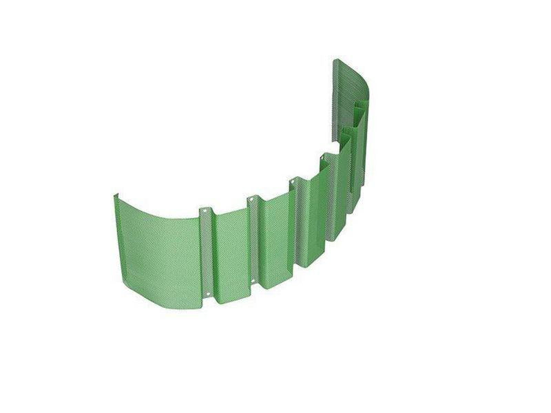 The Sparex Front Grille (Part No. S.153684) is a green plastic fence section featuring evenly spaced vertical slats that curve outward, reminiscent of the robust design seen in John Deere front grilles.