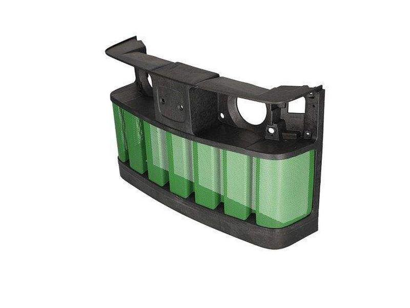 A green and black plastic automotive air filter with a rectangular shape and mounting brackets, the Sparex Front Grille (Part No. S.153689), compatible with John Deere models.