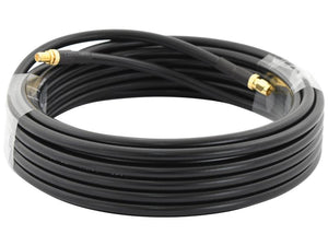 The 9m Antenna cable from Sparex, designed for the Surveillance Farmcam HD System (Sparex Part Number: S.154025), is a coiled black coaxial cable with gold-plated connectors and wrapped in clear tape, featuring an impressive length of 9000 mm.