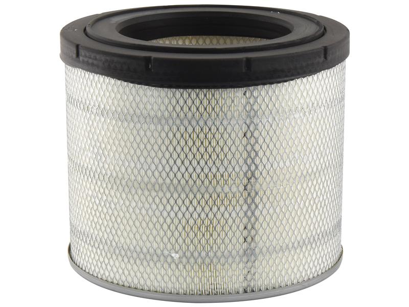 A Sparex Air Filter - Outer (Sparex Part No.S.154096) featuring a cylindrical design, a black circular top and bottom, and white pleated filter material encased in a diamond-patterned mesh.