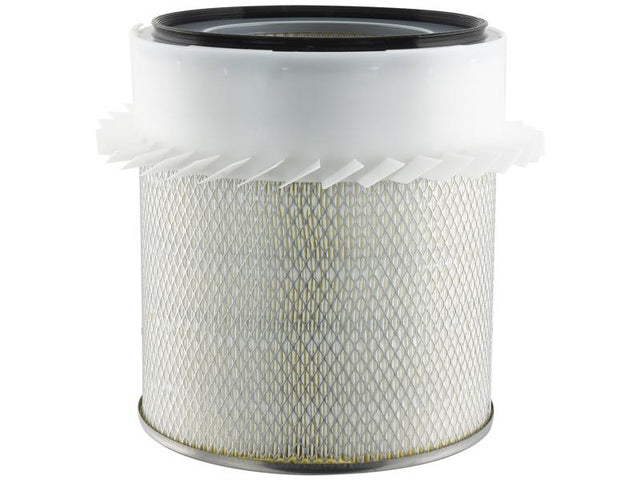 The Sparex Air Filter - Outer (Sparex Part No.S.154130) is a cylindrical filter featuring a white plastic top and bottom, a metal mesh structure with cellulose filtration material, and a series of small ridges around the circumference near the top.