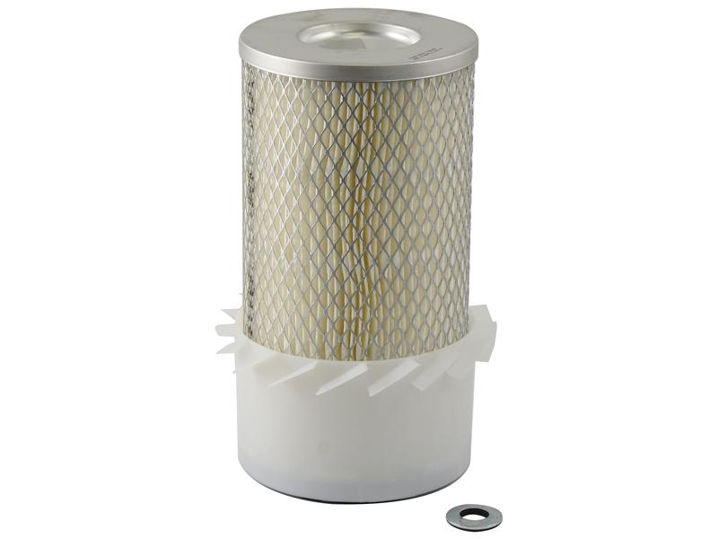 A cylindrical air filter, specifically the Air Filter - Outer with Sparex Part No. S.154154, featuring cellulose media and paper pleats, stands on a white background. A small metal washer placed near the base of the Sparex filter highlights its durability.