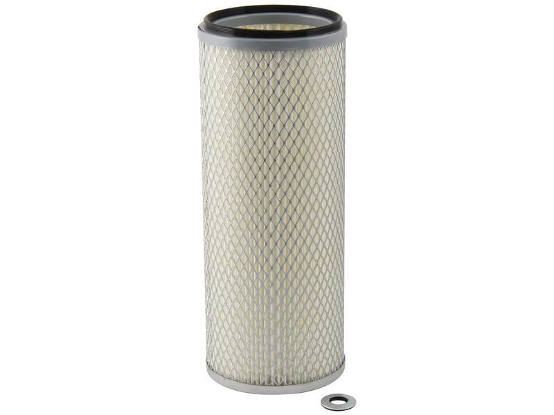 A Sparex Air Filter - Inner (Sparex Part No. S.154157) with a metal mesh exterior and rubber seals on the top and bottom is placed upright, reminiscent of components used in International Harvester machinery. A small metal washer is situated on the surface near the bottom of the filter.