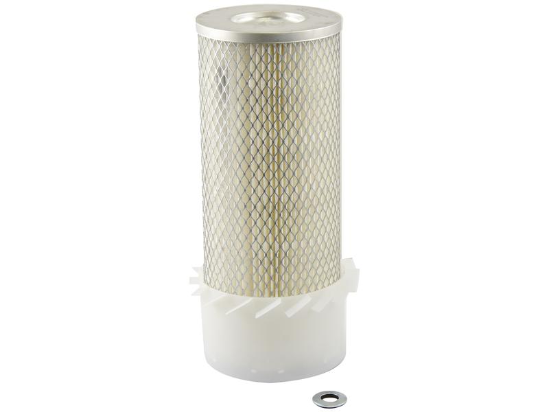 A cylindrical air filter with a metallic mesh exterior and a white plastic base, similar in quality to Sparex Air Filter - Outer | Sparex Part No.S.154158, accompanied by a single washer.