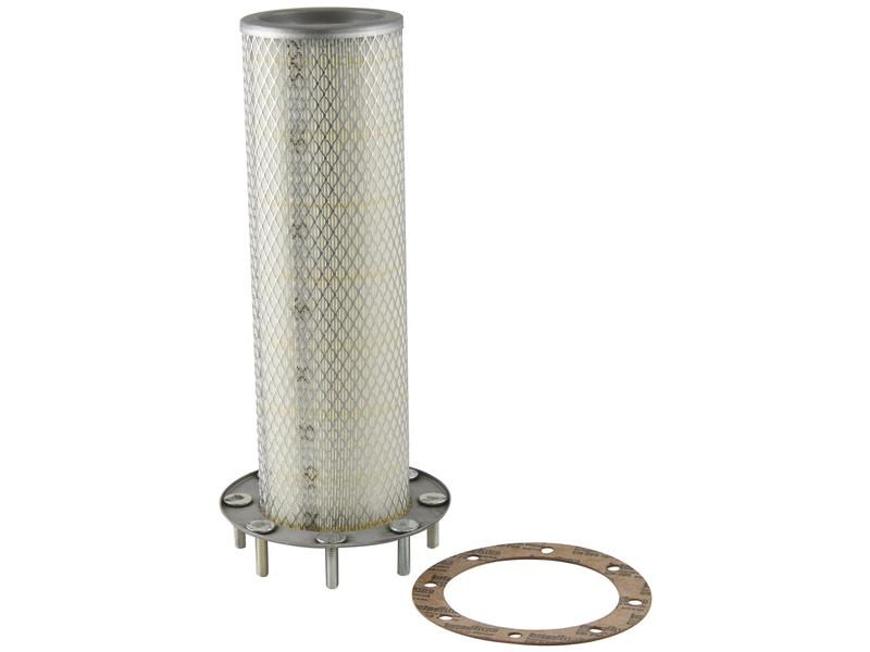 Image of the Sparex Air Filter - Inner (Part No. S.154163) from International Harvester, featuring an industrial metal cylinder with mesh openings, mounted on a circular base with four protruding rods. A flat, circular metal ring with multiple holes lies next to it, indicating its function as a cellulose media air filter.