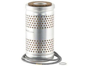 A cylindrical metal filter with perforations and a gasket, commonly recognized as an oil filter, is shown along with an O-ring. A popular example is the Oil Filter - Spin On | Sparex Part No. S.154344 from Sparex.