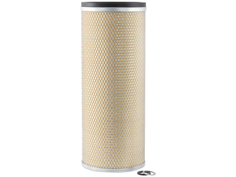 A cylindrical Sparex Air Filter - Inner (Sparex Part No.S.154455) with a yellow mesh exterior, standing upright on a white background. Constructed from durable cellulose, it stands near a small, circular metal washer on the ground.