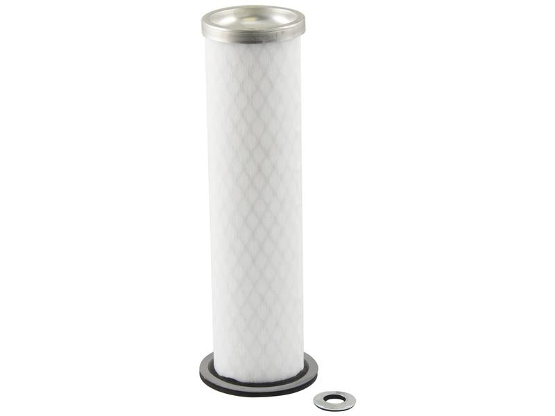 A cylindrical air filter with a metal top and bottom, featuring a diamond-patterned white mesh. A small metal washer is placed next to the Sparex Air Filter - Inner | Sparex Part No.S.154507.
