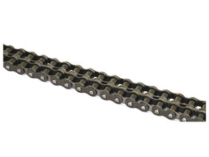 Close-up of a metal roller chain used in mechanical systems, featuring multiple interlinked segments with small rollers. This Sparex Drive Chain - Duplex, 60-2 (5M) | Sparex Part Number: S.155533, is an excellent alternative to 37430 B1.