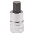 The Draper Elora Hexagon Screwdriver Socket, 3/4" Sq. Dr., 19mm - 770-SIN 19 features a hexagonal socket bit crafted from durable chrome vanadium steel with a metallic finish; it has a hex head on one end and a cylindrical base on the other.