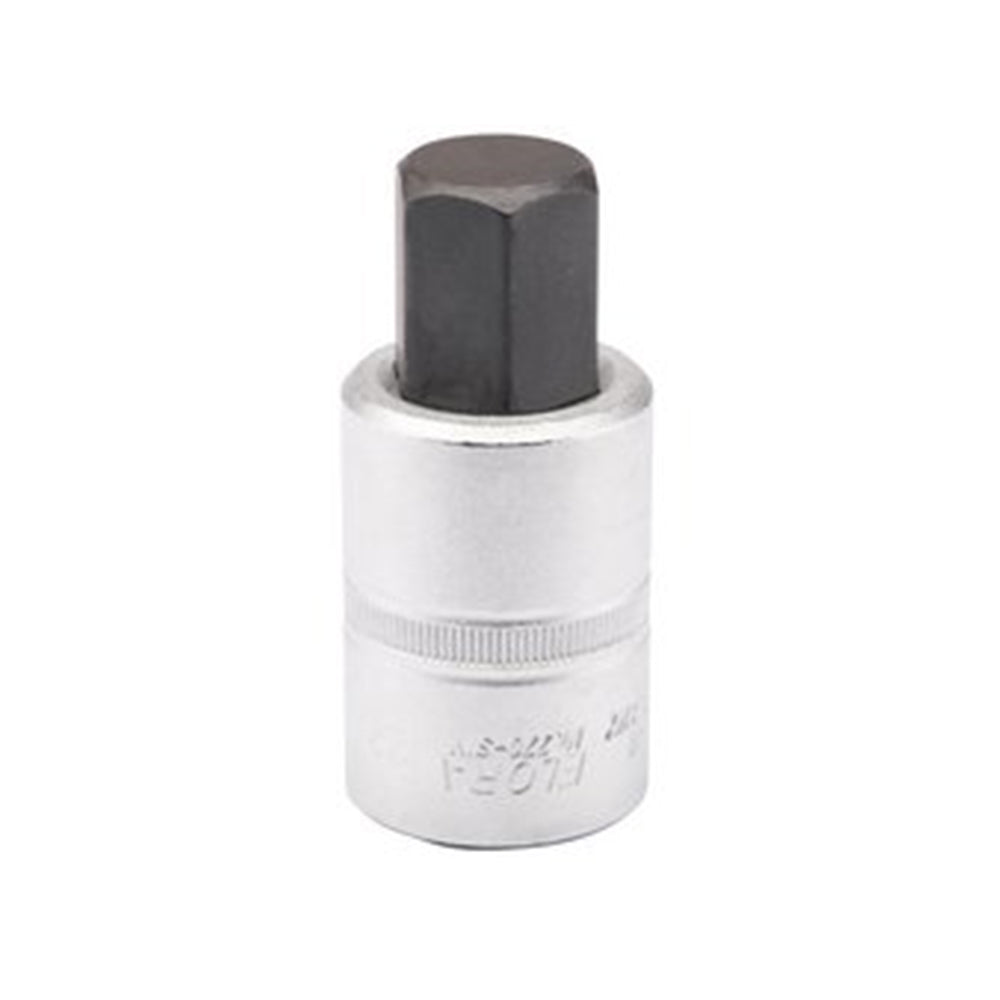 The Draper Elora Hexagon Screwdriver Socket, 3/4" Sq. Dr., 22mm - 770-SIN 22 features a silver finish with a black hexagonal tip, crafted from chrome vanadium steel for exceptional durability and corrosion protection, and is designed for use with a ratchet or wrench.