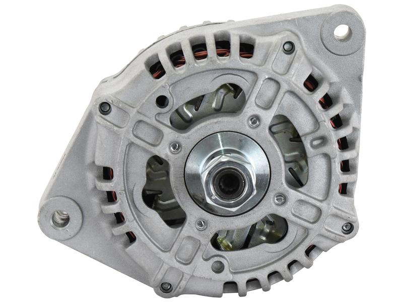 A close-up view of the Sparex Alternator (Sparex Part Number: S.155598) – 14V, 120 Amps, featuring its metal casing, central rotor, and a clearly visible Hex Nut.