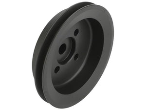 A black, round Sparex Water Pump Pulley (Sparex Part Number: S.155725) with four holes in the center and a grooved outer edge.