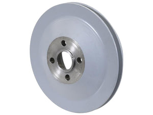 The Sparex Water Pump Pulley (Sparex Part Number: S.155729) is a grey-finished metal V-Style pulley wheel with five mounting holes, a central hole, and a v-shaped groove designed for a belt.