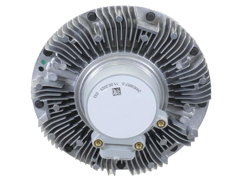 The Sparex Viscous Fan Drive (Sparex Part Number: S.155872) is a circular metal automotive component featuring cooling fins and bolts, along with a central white section that has distinctive markings and a QR code. This BorgWarner fan utilizes air sensing electric technology to boost performance.