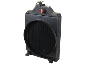 The Sparex Radiator (Part No. S.155928) features a black industrial design, a circular central part, a top cap, and side mounting brackets. It serves as an ideal replacement for Massey Ferguson equipment.