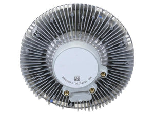 The Viscous Fan Drive, Sparex Part Number S.155962 from Sparex, is a round metal component with radial fins and a central white circular section. The central section includes a QR code, some alphanumeric characters, and features an Air Sensing Electric Control system.