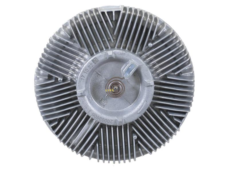 Close-up view of a metal automotive cooling fan clutch with a circular, finned design, and a central hub. Featuring Sparex's Viscous Fan Drive (Sparex Part Number: S.155963) with BorgWarner's Air Sensing Electric Control technology for enhanced precision.