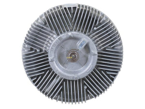 Close-up view of a metal automotive cooling fan clutch with a circular, finned design, and a central hub. Featuring Sparex's Viscous Fan Drive (Sparex Part Number: S.155963) with BorgWarner's Air Sensing Electric Control technology for enhanced precision.