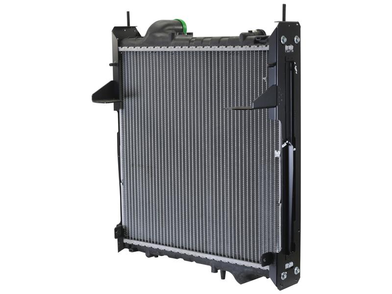 Image of a car radiator, featuring a metal core with thin fins, black plastic side tanks, and mounting brackets. The Sparex Radiator (Part Number: S.156087) showcases impressive core height and inlet width for optimal cooling performance.