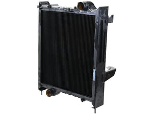 A Sparex Radiator (Part Number: S.156089) featuring a black cooling fin core and several 50mm inlet and outlet pipes stands upright against a white background.