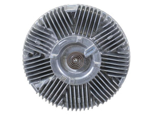 Top view of a Sparex Viscous Fan Drive (Sparex Part Number: S.156096) metallic round cooling fan clutch featuring radial fins, bolt holes, and a central mounting area.