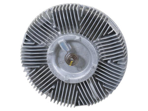 Close-up of a Sparex Viscous Fan Drive (Sparex Part Number: S.156097) with radial cooling fins, primarily used in automotive engines for regulating temperature. The central area reveals a spring mechanism and features advanced electric control for precise adjustments.